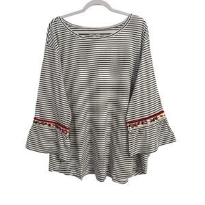 OSO Casuals NWOT Coastal Nautical Stripe Boho Embroidered Floral Bell Sleeve 3X